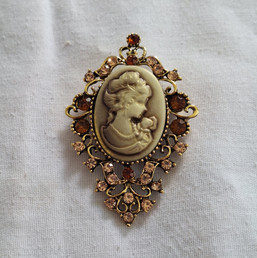 Brown and Gold Tone Cameo Brooch